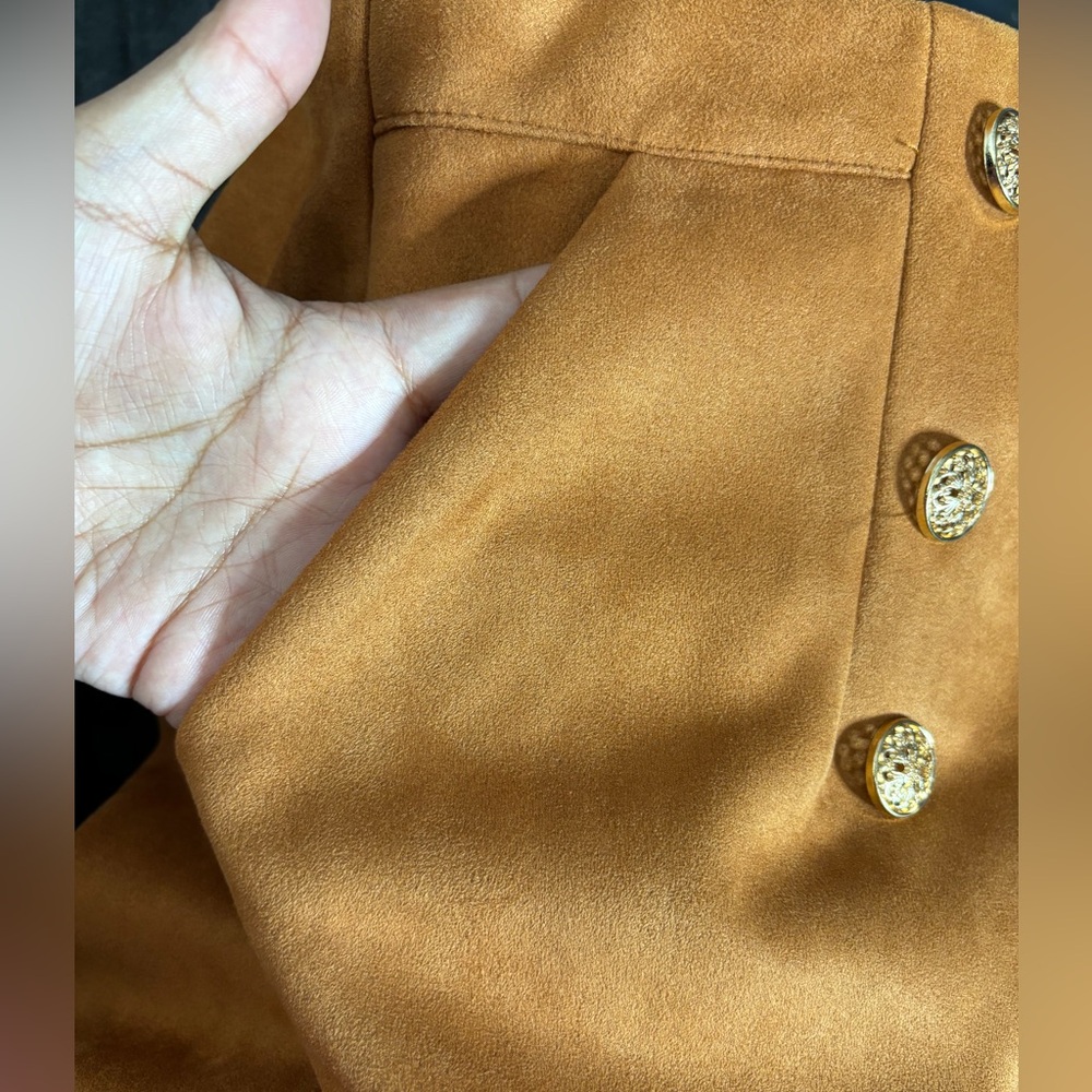 Burnt Orange High Waisted Suede Shorts Ft. Decorative Gold Buttons & Pockets - Picture 10 of 11